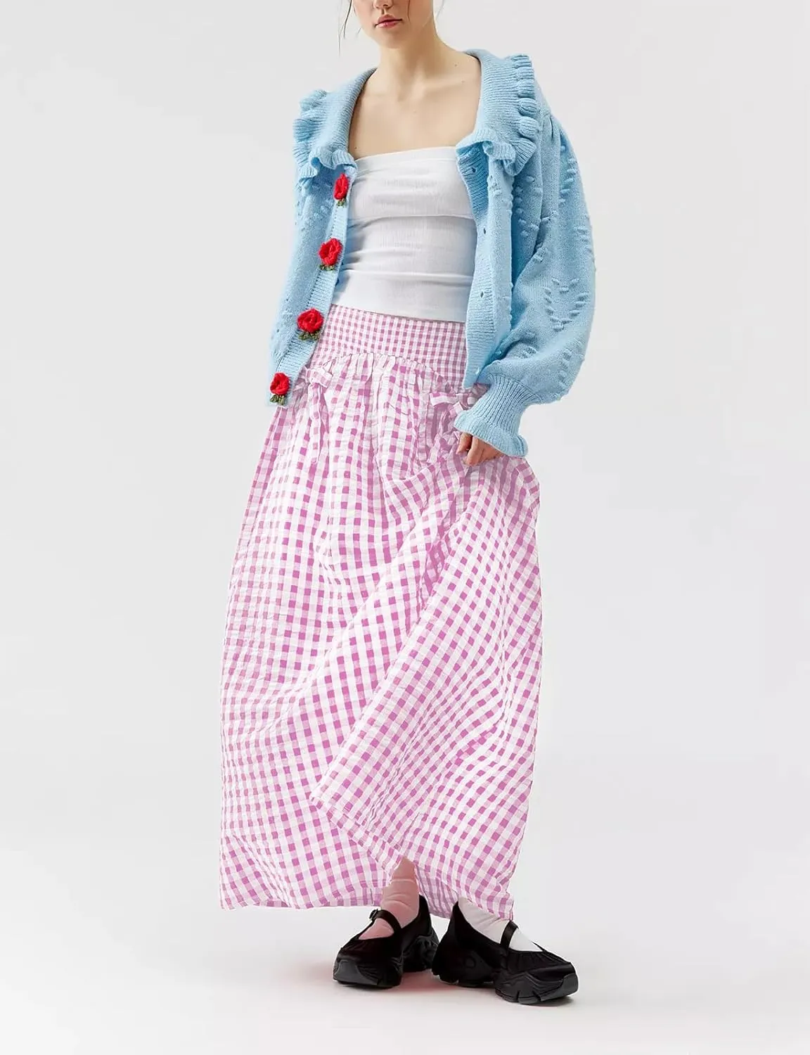 Women Y2K Plaid Long Skirt Elastic Waist Pleated Gingham Print Maxi Skirt Cute Aesthetic Skirt for Teen Girls
