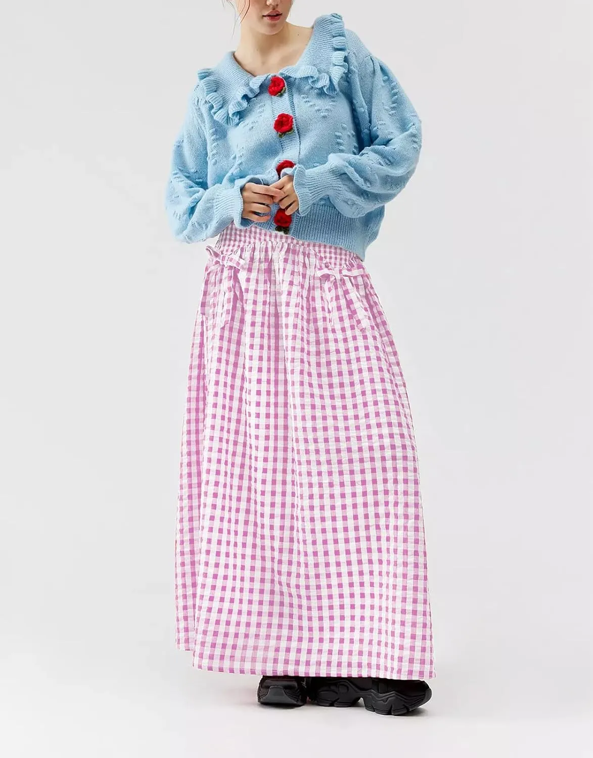 Women Y2K Plaid Long Skirt Elastic Waist Pleated Gingham Print Maxi Skirt Cute Aesthetic Skirt for Teen Girls