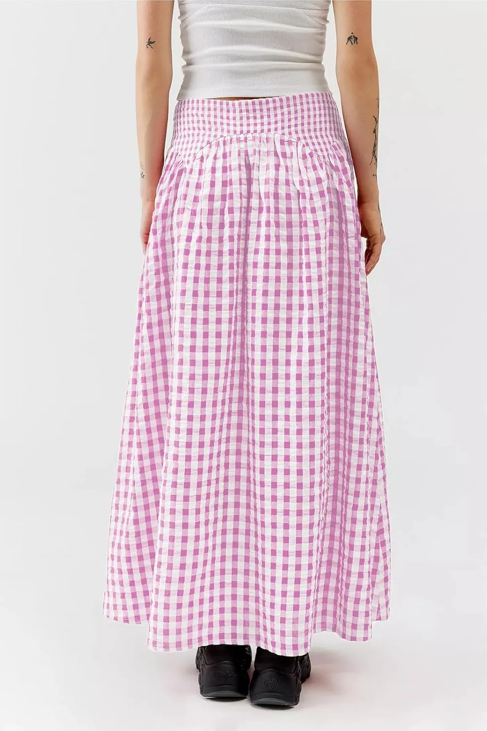 Women Y2K Plaid Long Skirt Elastic Waist Pleated Gingham Print Maxi Skirt Cute Aesthetic Skirt for Teen Girls