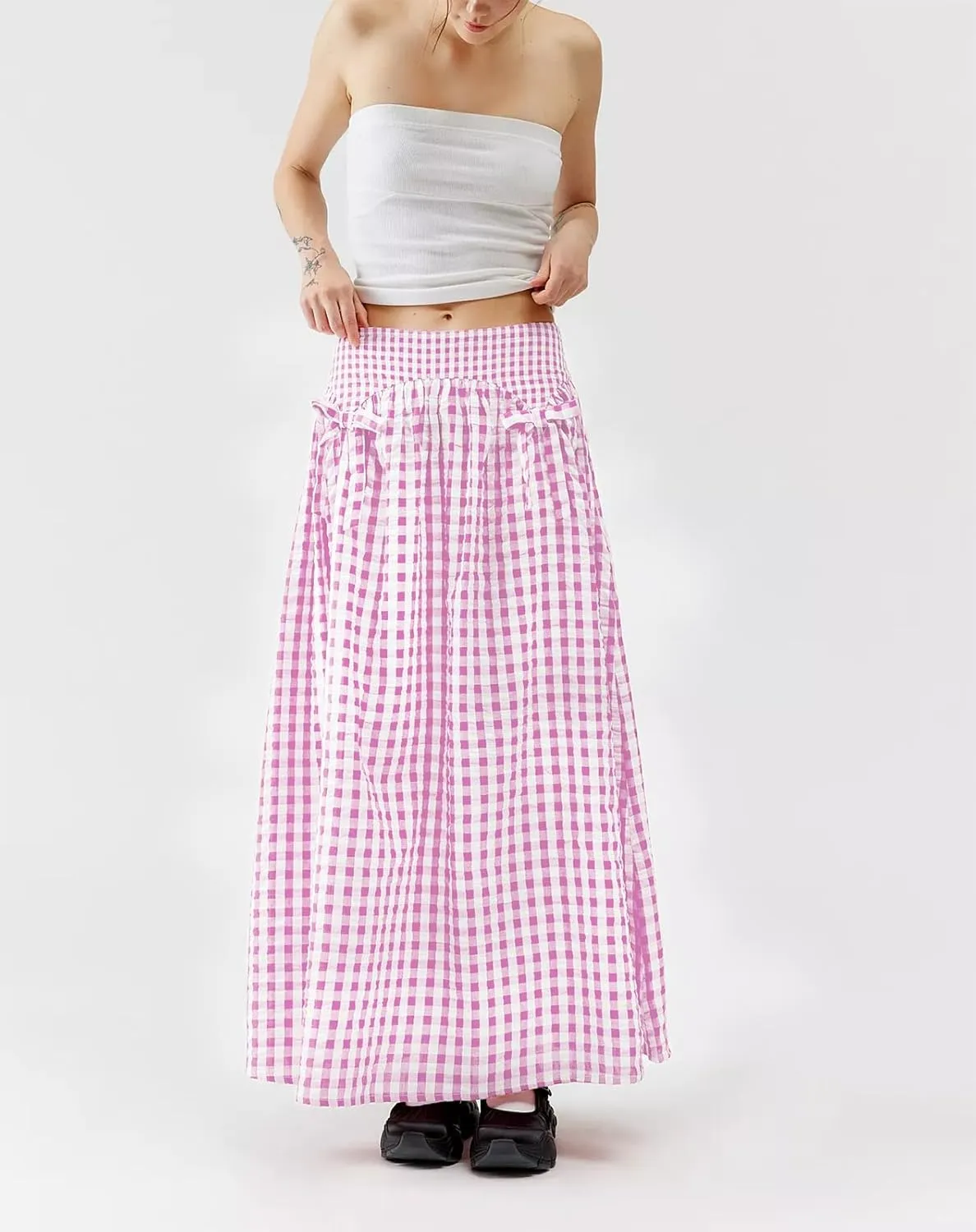 Women Y2K Plaid Long Skirt Elastic Waist Pleated Gingham Print Maxi Skirt Cute Aesthetic Skirt for Teen Girls