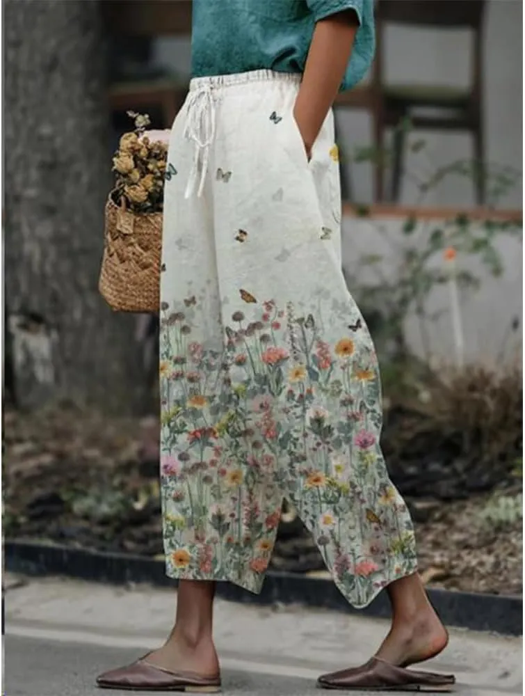 Womens Boho Floral Cotton Linen Pants Summer Casual High Elastic Waist Capri Pants Print Flowy Beach Pants
