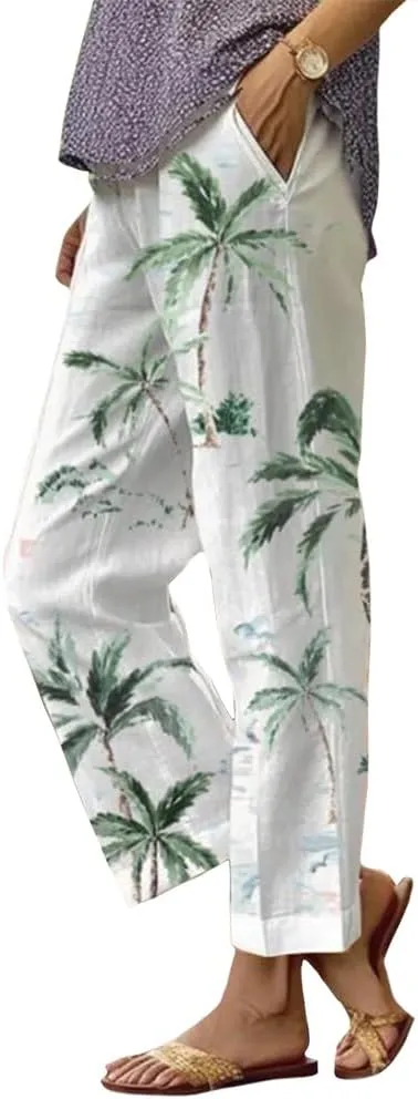 Womens Boho Floral Cotton Linen Pants Summer Casual High Elastic Waist Capri Pants Print Flowy Beach Pants