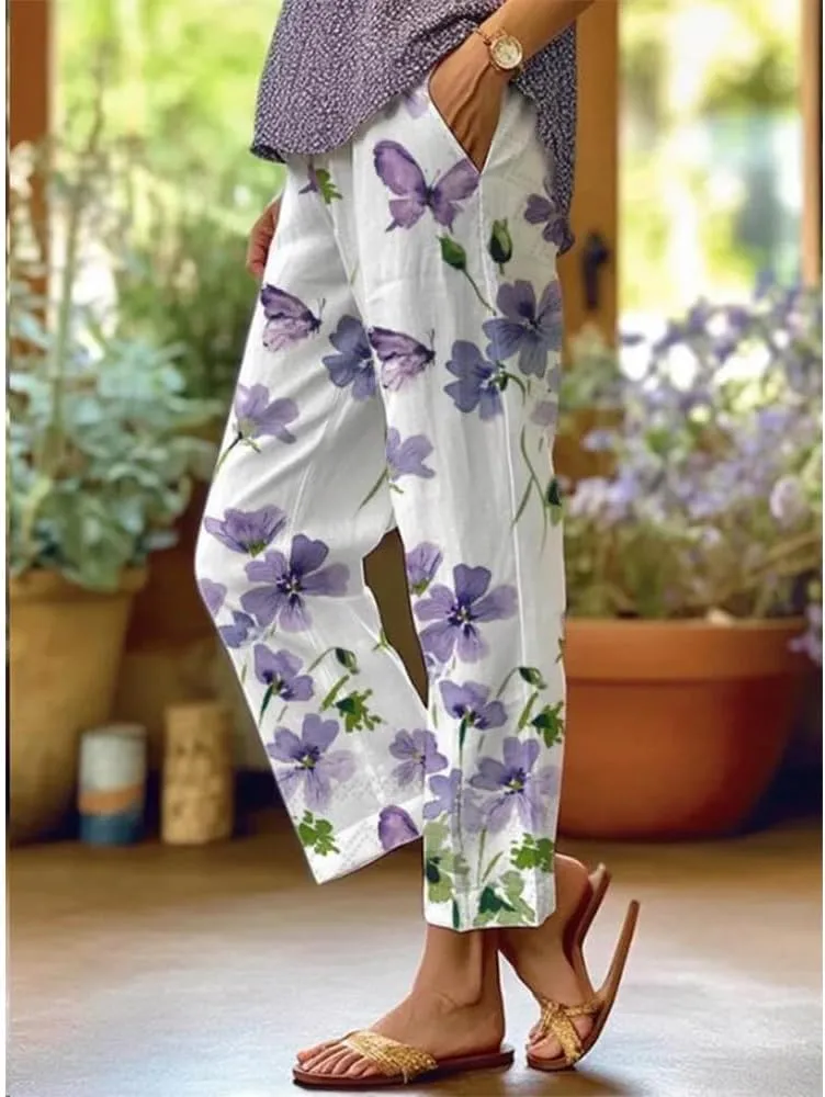 Womens Boho Floral Cotton Linen Pants Summer Casual High Elastic Waist Capri Pants Print Flowy Beach Pants