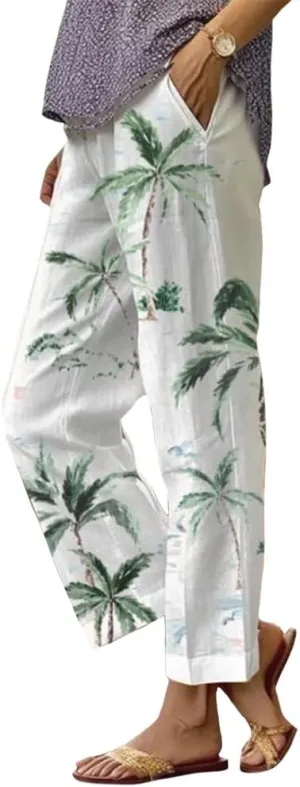 Womens Boho Floral Cotton Linen Pants Summer Casual High Elastic Waist Capri Pants Print Flowy Beach Pants
