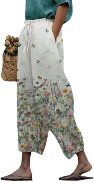 Womens Boho Floral Cotton Linen Pants Summer Casual High Elastic Waist Capri Pants Print Flowy Beach Pants