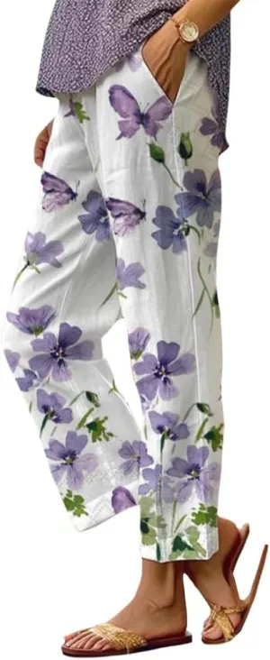 Womens Boho Floral Cotton Linen Pants Summer Casual High Elastic Waist Capri Pants Print Flowy Beach Pants