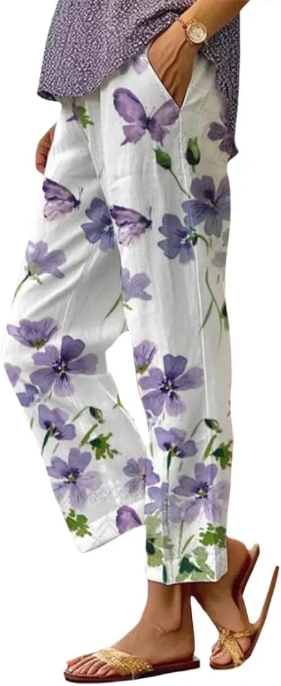 Womens Boho Floral Cotton Linen Pants Summer Casual High Elastic Waist Capri Pants Print Flowy Beach Pants