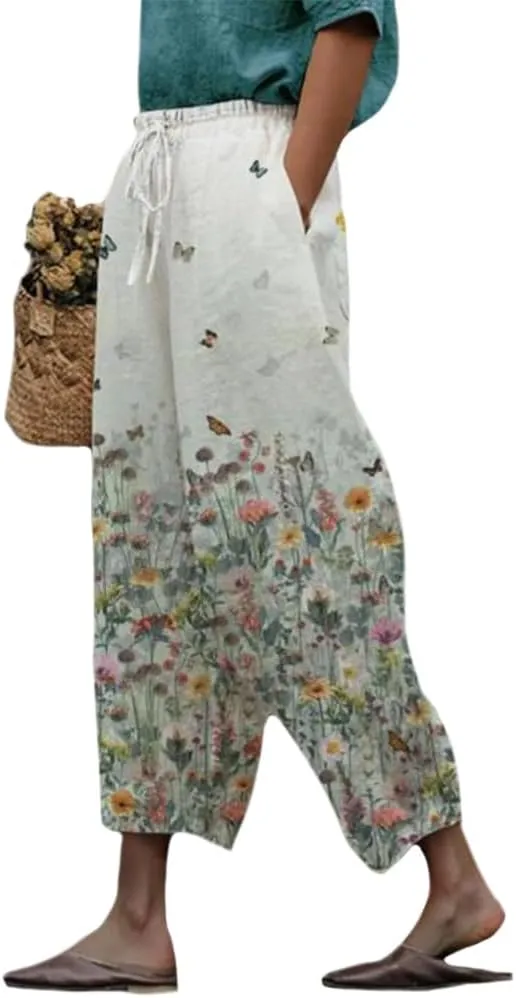 Womens Boho Floral Cotton Linen Pants Summer Casual High Elastic Waist Capri Pants Print Flowy Beach Pants