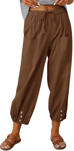 Women's Capri Pants Casual High Waist Cotton Linen Pants Summer Baggy Trouser with Pocket