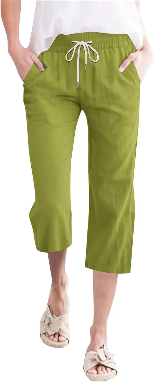 Womens Capri Pants Drawstring Elastic Waist Linen Pant Straight Wide Leg Cropped Pants Trouser with Pockets