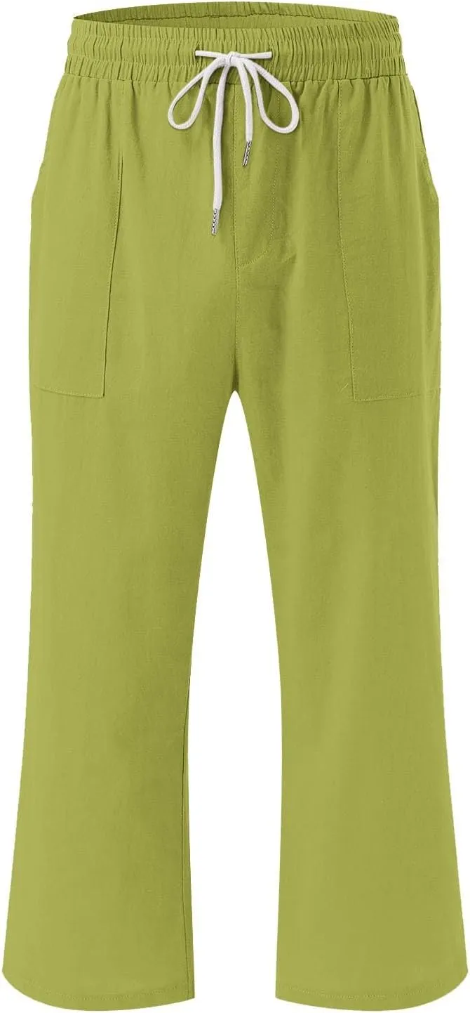 Womens Capri Pants Drawstring Elastic Waist Linen Pant Straight Wide Leg Cropped Pants Trouser with Pockets