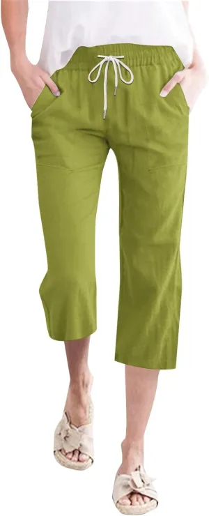 Womens Capri Pants Drawstring Elastic Waist Linen Pant Straight Wide Leg Cropped Pants Trouser with Pockets