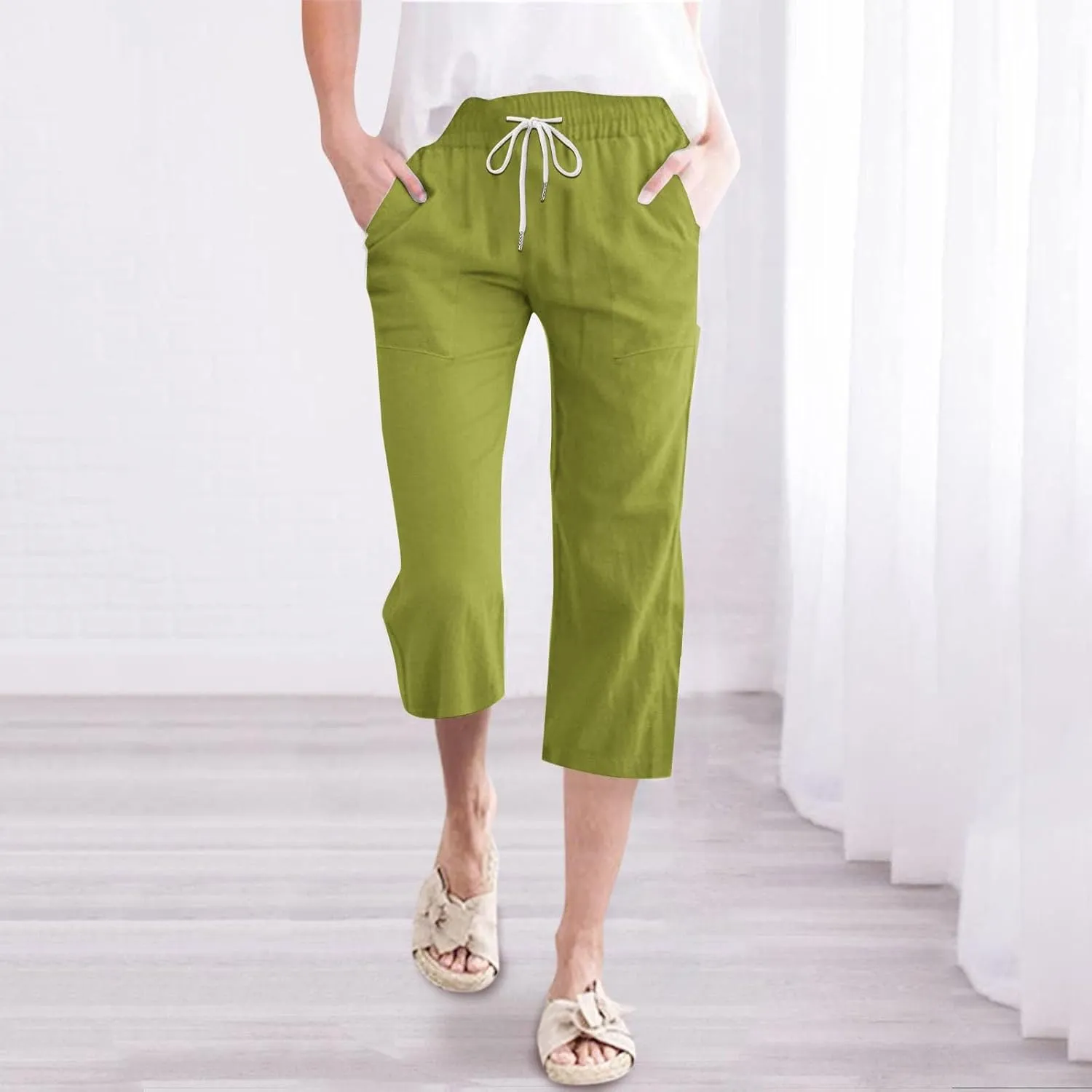 Womens Capri Pants Drawstring Elastic Waist Linen Pant Straight Wide Leg Cropped Pants Trouser with Pockets