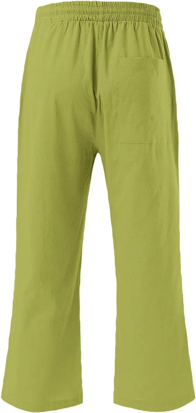 Womens Capri Pants Drawstring Elastic Waist Linen Pant Straight Wide Leg Cropped Pants Trouser with Pockets