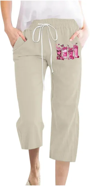 Womens Capri Pants with Pockets Trendy Graphic Print Linen Pants Summer High Waisted Capris Casual Cropped Trousers