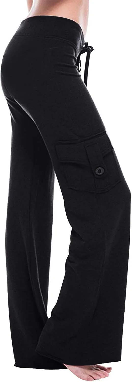 Womens Cargo Pants with Pockets Wide Leg Yoga Pants Casual High Waist Stretch Bootcut Workout Leggings Gym Sweatpants