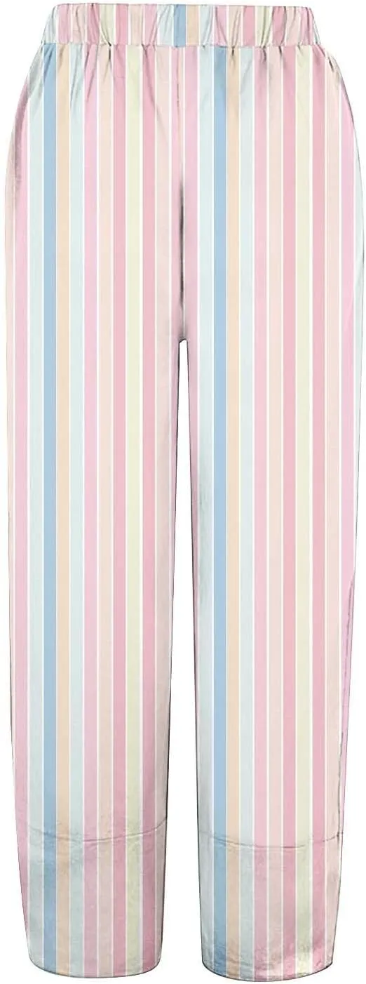 Women's Casual Boho Striped Graphic Cotton Linen High Waisted Cropped Pants Summer Beach Outdoor Fashion Trousers