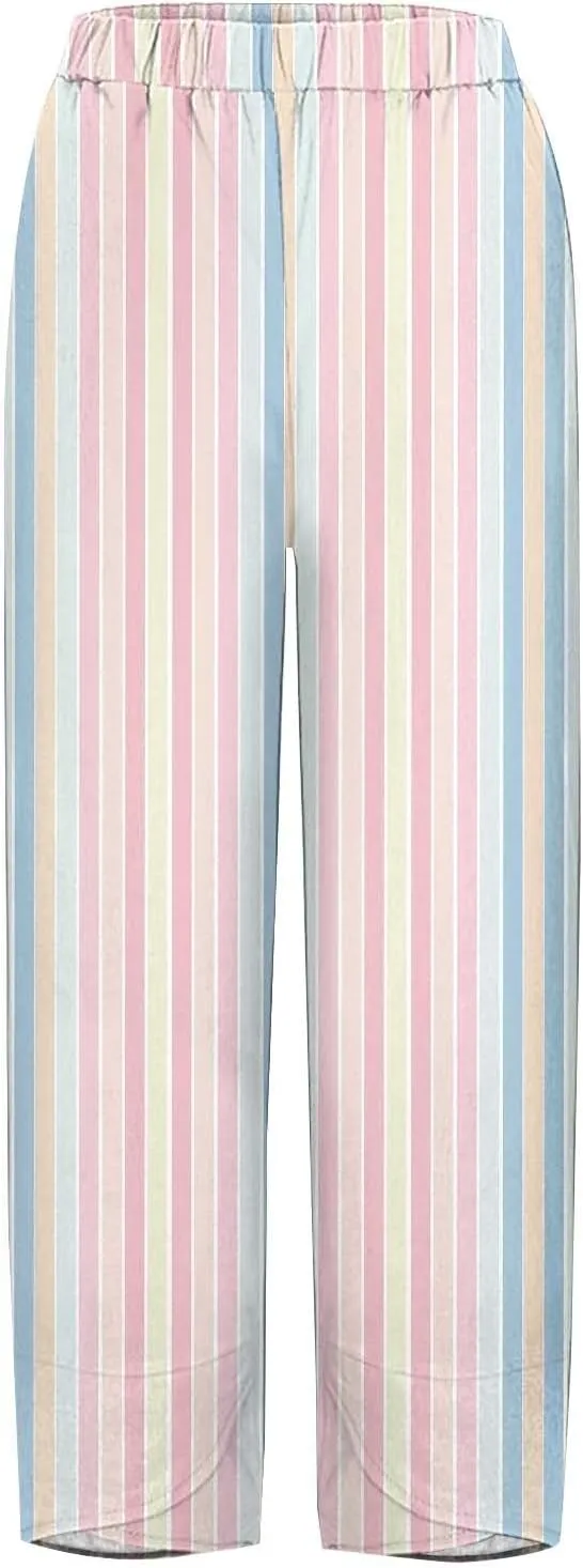 Women's Casual Boho Striped Graphic Cotton Linen High Waisted Cropped Pants Summer Beach Outdoor Fashion Trousers