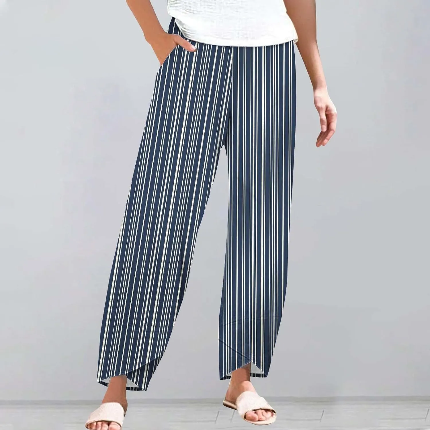 Women's Casual Boho Striped Graphic Cotton Linen High Waisted Cropped Pants Summer Beach Outdoor Fashion Trousers