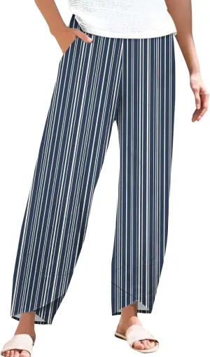 Women's Casual Boho Striped Graphic Cotton Linen High Waisted Cropped Pants Summer Beach Outdoor Fashion Trousers
