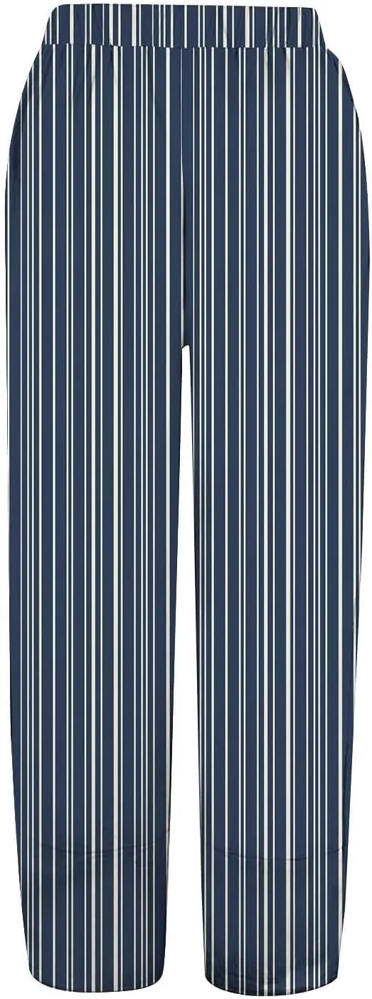 Women's Casual Boho Striped Graphic Cotton Linen High Waisted Cropped Pants Summer Beach Outdoor Fashion Trousers