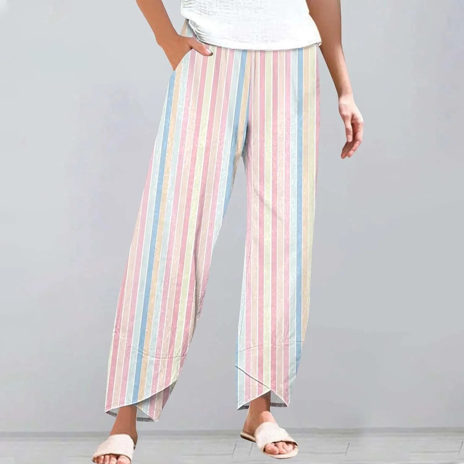 Women's Casual Boho Striped Graphic Cotton Linen High Waisted Cropped Pants Summer Beach Outdoor Fashion Trousers