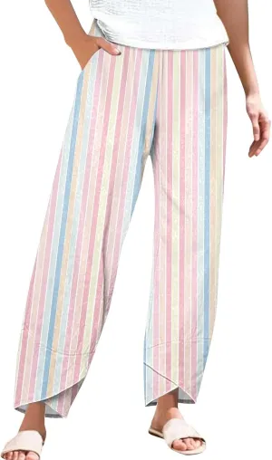Women's Casual Boho Striped Graphic Cotton Linen High Waisted Cropped Pants Summer Beach Outdoor Fashion Trousers