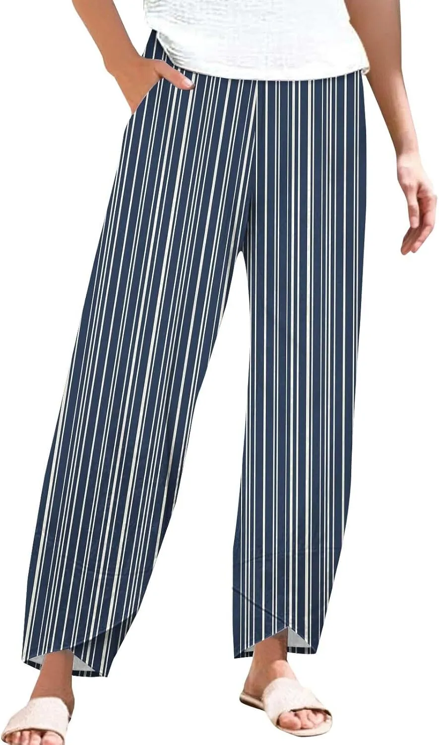 Women's Casual Boho Striped Graphic Cotton Linen High Waisted Cropped Pants Summer Beach Outdoor Fashion Trousers