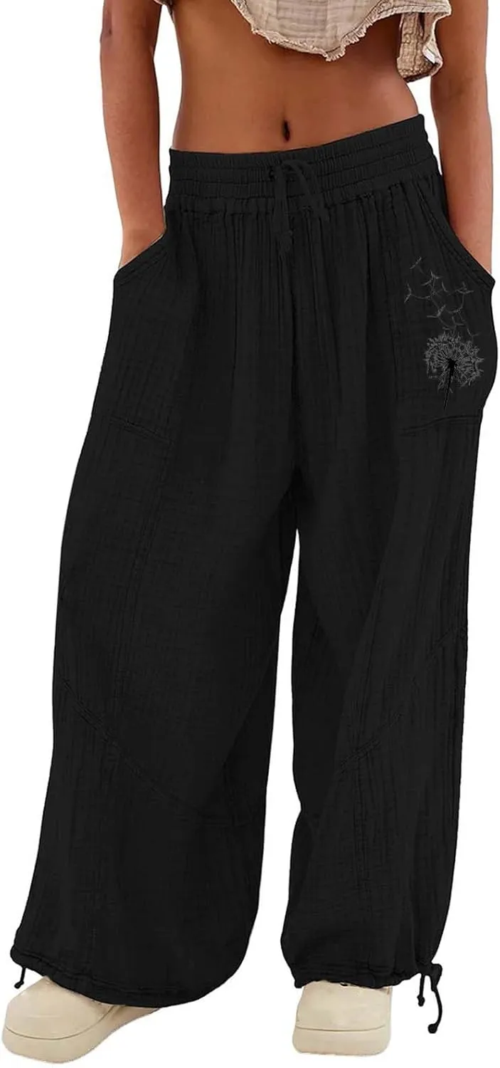 Women's Casual Cotton Linen Baggy Pants with Elastic Waist Summer Relax Loose Fit Comfy Pant Baggy Patchwork Trousers