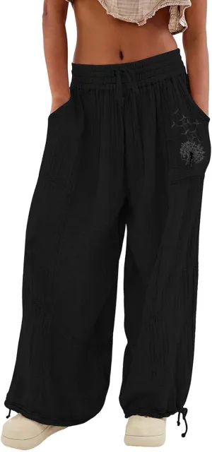 Women's Casual Cotton Linen Baggy Pants with Elastic Waist Summer Relax Loose Fit Comfy Pant Baggy Patchwork Trousers