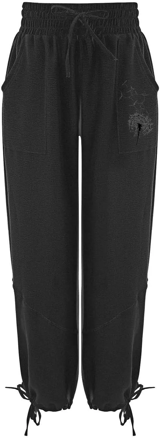 Women's Casual Cotton Linen Baggy Pants with Elastic Waist Summer Relax Loose Fit Comfy Pant Baggy Patchwork Trousers