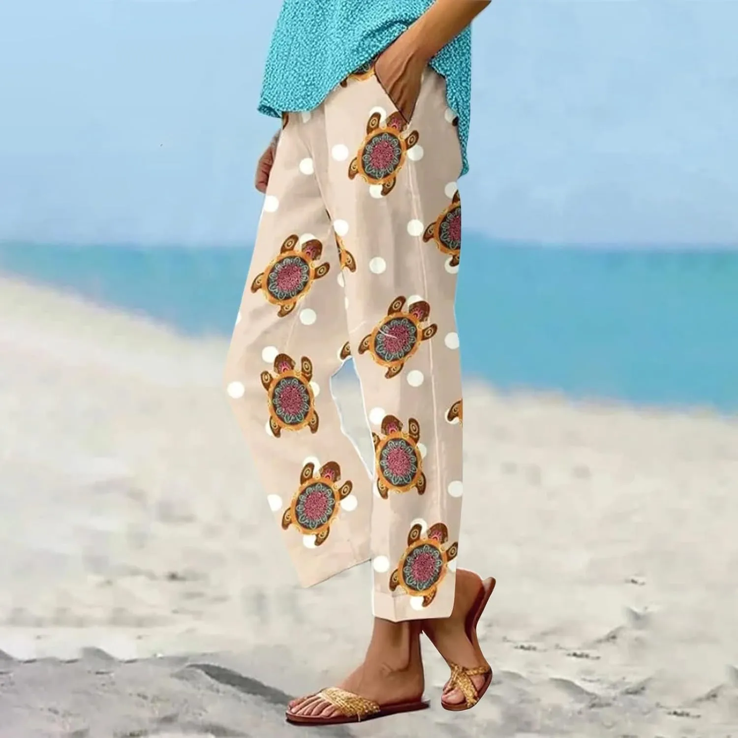 Women's Casual Cotton Linen Pants Boho Floral Printed Elastic Waist Drawstring Summer Beach Baggy Capri with Pockets