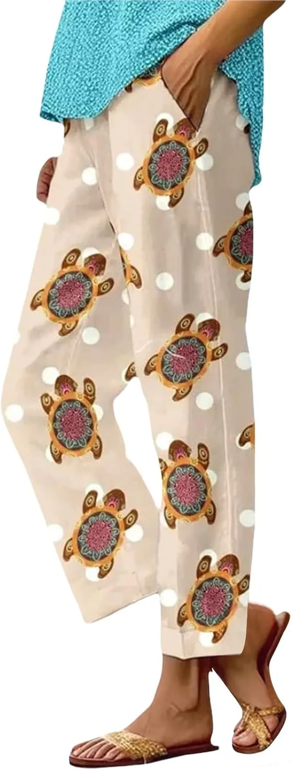 Women's Casual Cotton Linen Pants Boho Floral Printed Elastic Waist Drawstring Summer Beach Baggy Capri with Pockets