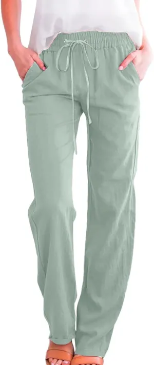 Womens Casual Linen High Waist Pants Drawstring Loose Fit Lightweight Summer Pants Trousers with Side Pockets