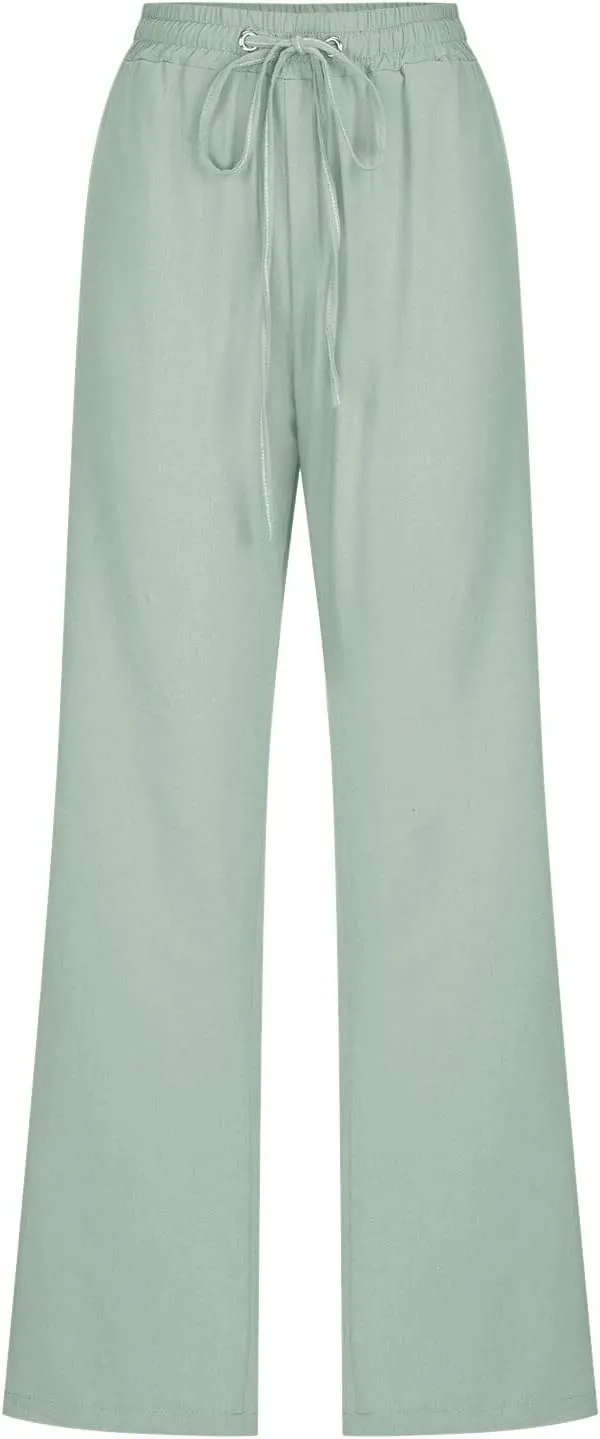 Womens Casual Linen High Waist Pants Drawstring Loose Fit Lightweight Summer Pants Trousers with Side Pockets