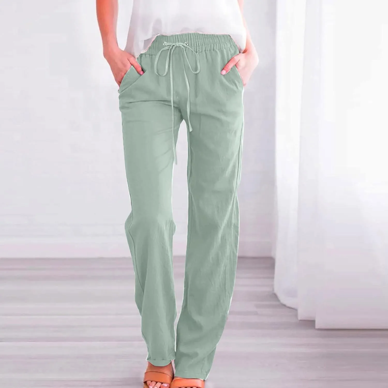 Womens Casual Linen High Waist Pants Drawstring Loose Fit Lightweight Summer Pants Trousers with Side Pockets
