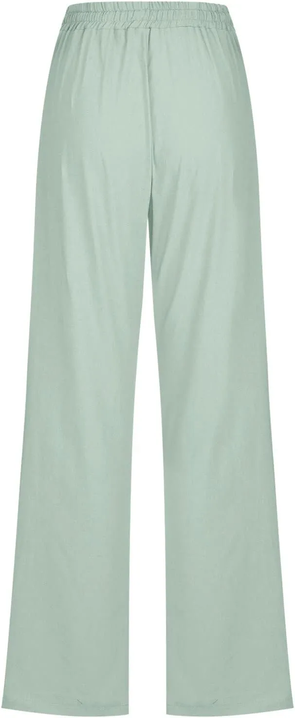 Womens Casual Linen High Waist Pants Drawstring Loose Fit Lightweight Summer Pants Trousers with Side Pockets