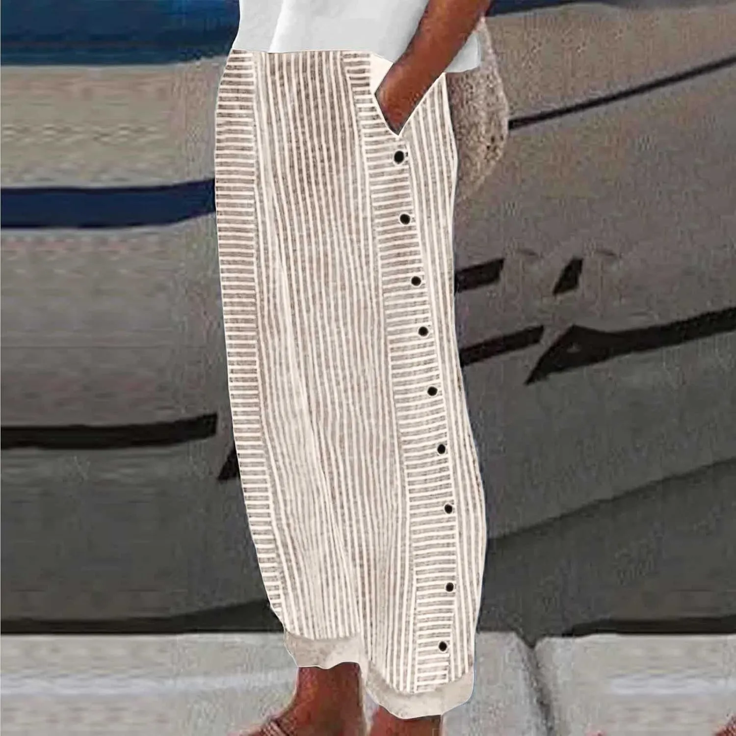 Womens Casual Linen High Waist Pants Drawstring Loose Fit Summer Work Pants Trousers with Side Pockets