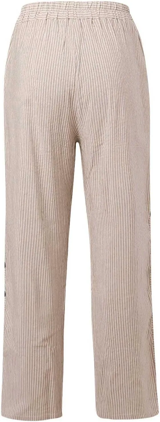 Womens Casual Linen High Waist Pants Drawstring Loose Fit Summer Work Pants Trousers with Side Pockets