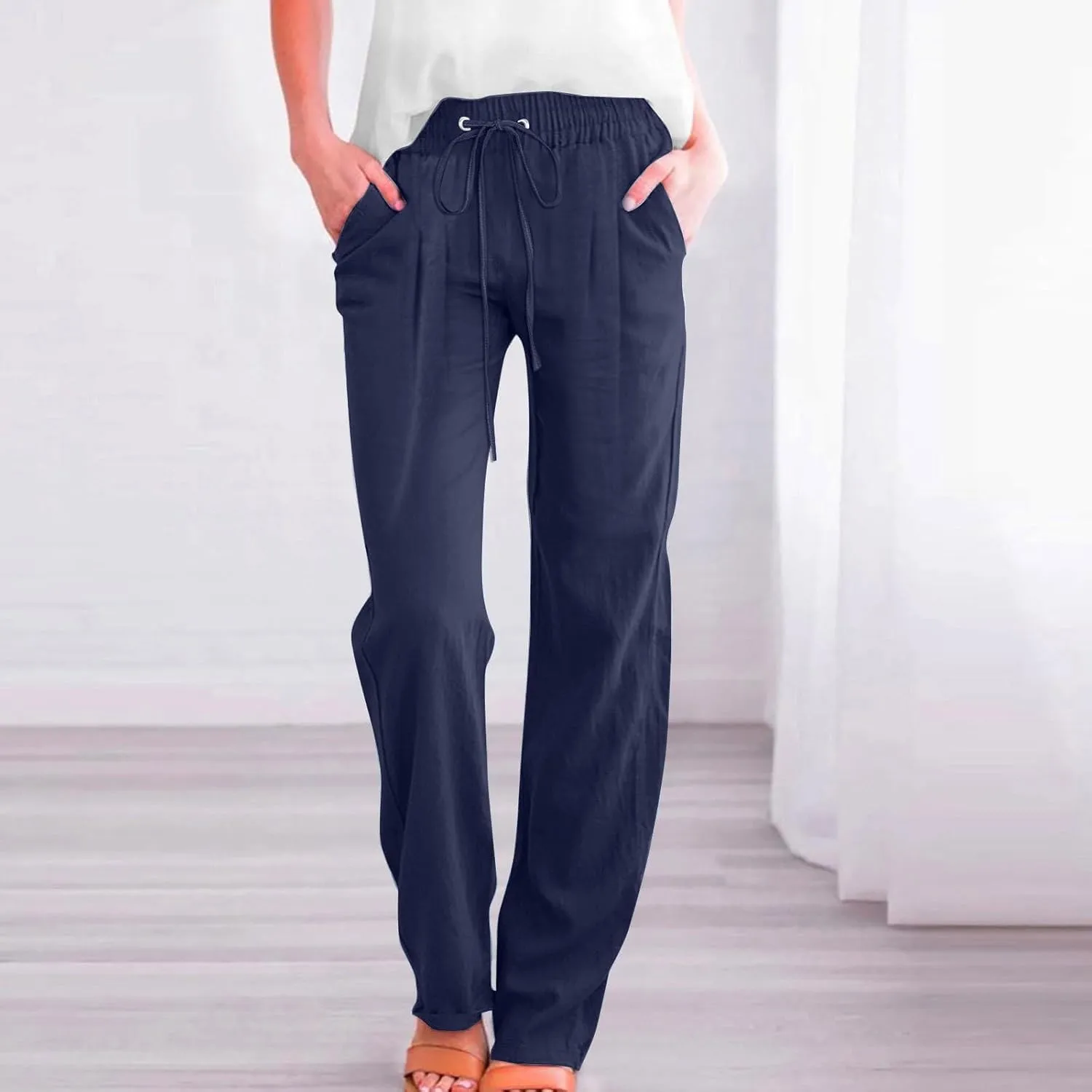Womens Casual Linen Pants High Waist Drawstring Loose Fit Trousers with Pockets Beach Vacation Clothes for Women