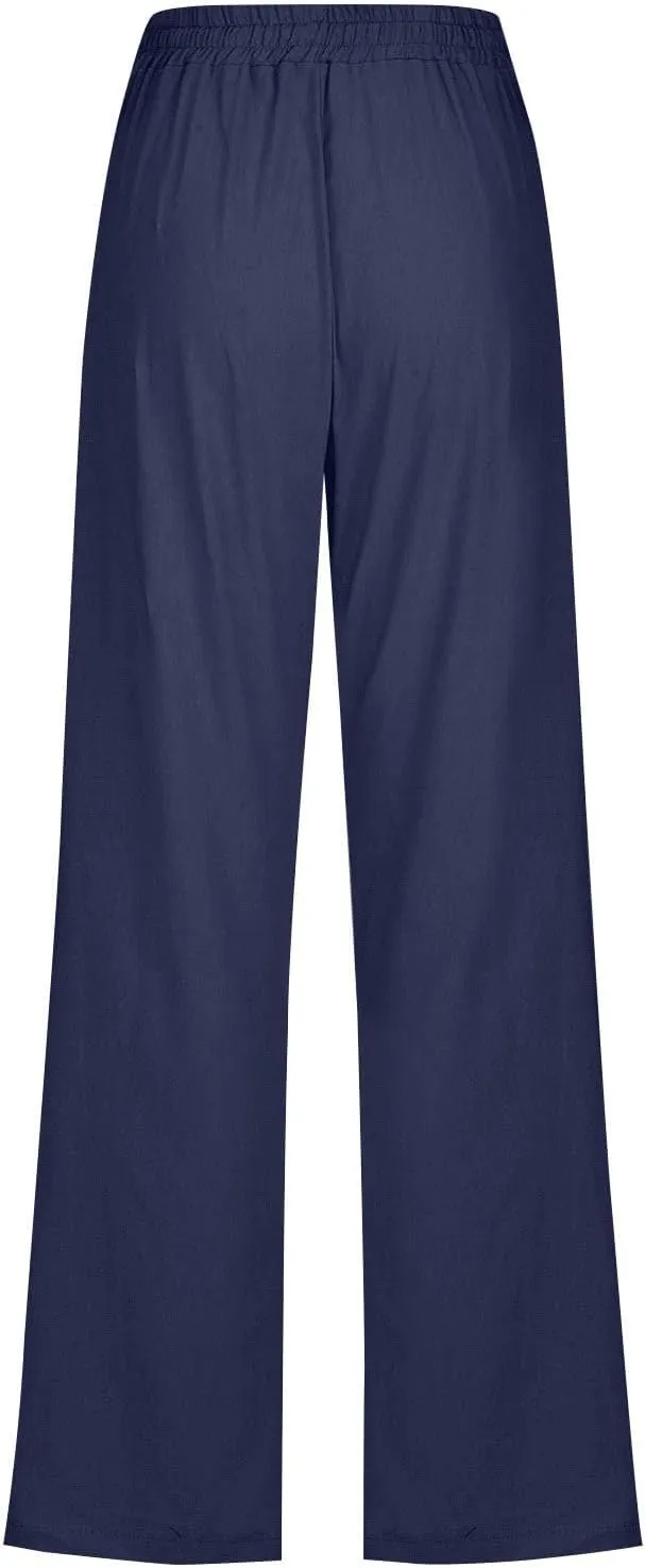 Womens Casual Linen Pants High Waist Drawstring Loose Fit Trousers with Pockets Beach Vacation Clothes for Women