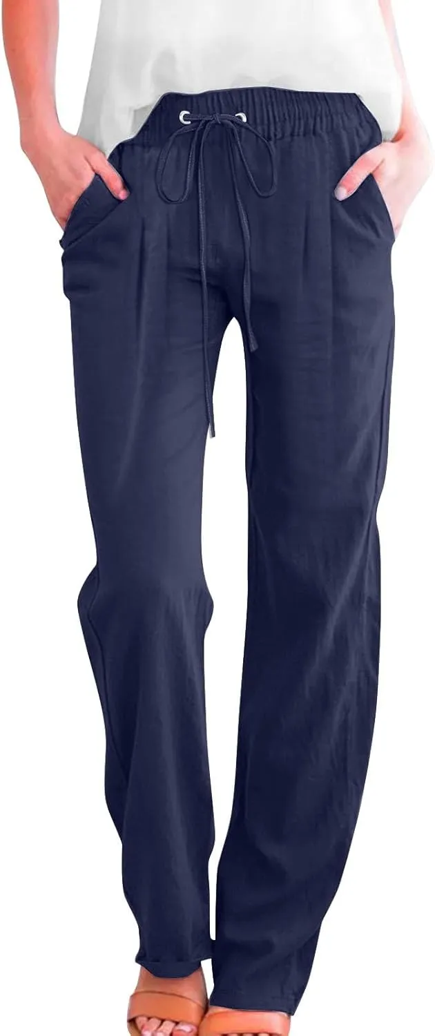 Womens Casual Linen Pants High Waist Drawstring Loose Fit Trousers with Pockets Beach Vacation Clothes for Women