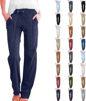 Womens Casual Linen Pants High Waist Drawstring Loose Fit Trousers with Pockets Beach Vacation Clothes for Women
