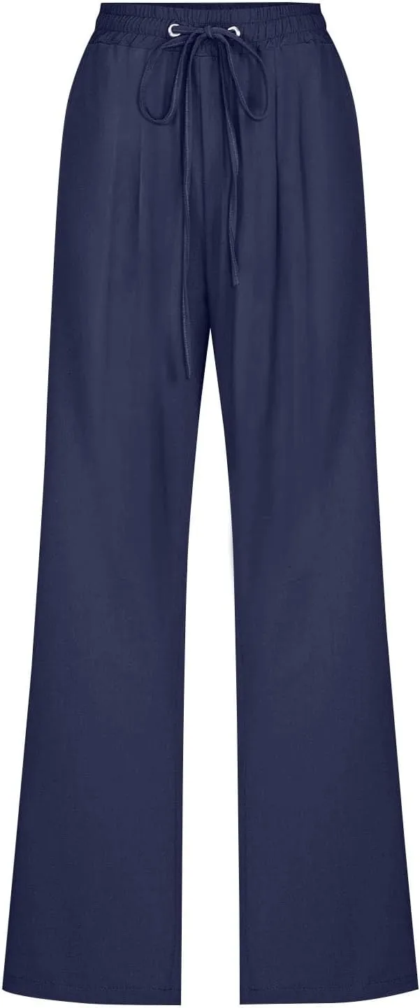Womens Casual Linen Pants High Waist Drawstring Loose Fit Trousers with Pockets Beach Vacation Clothes for Women