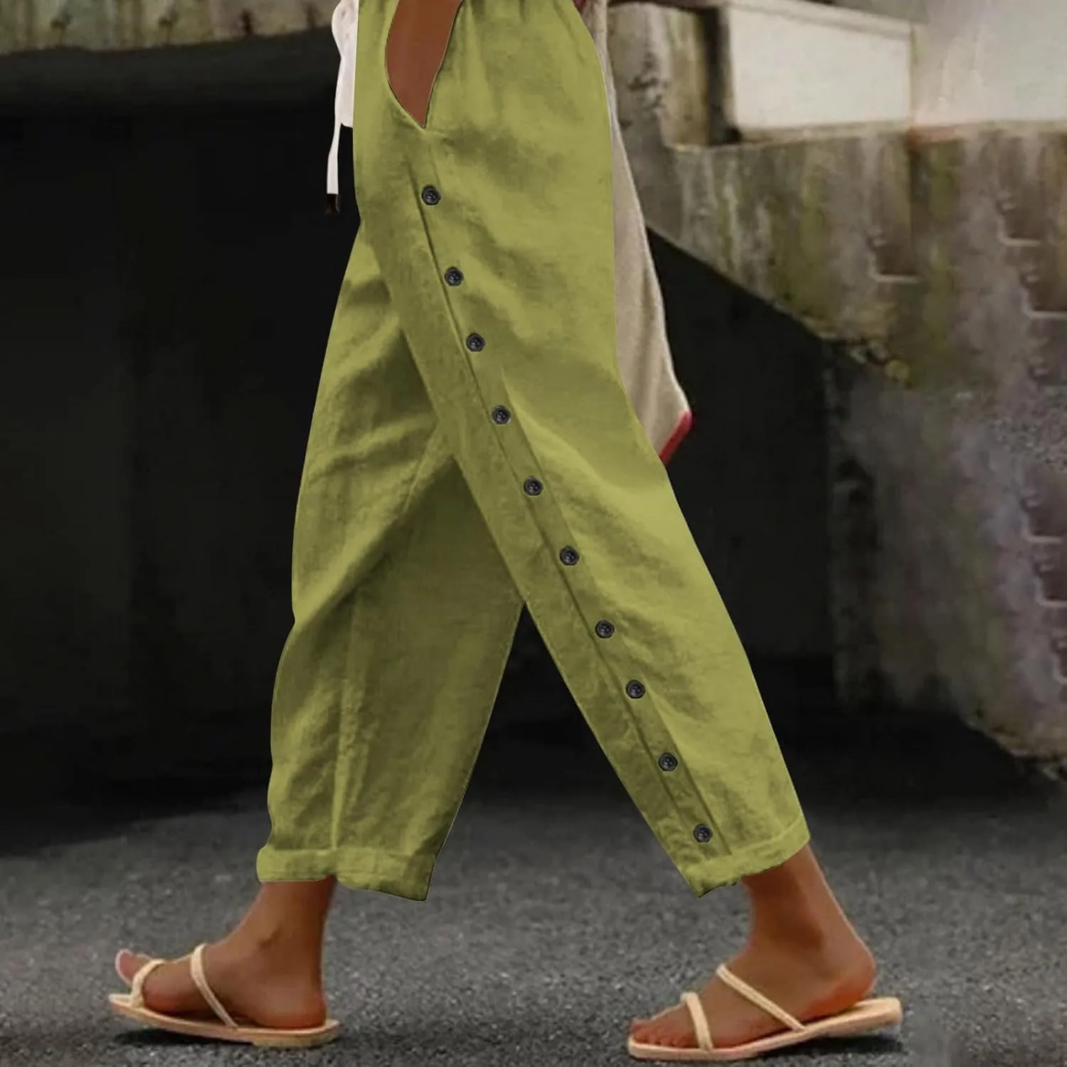 Womens Casual Linen Pants Side Button Summer Trendy Drawstring Elastic Waist Straight Leg Baggy Cropped Trousers