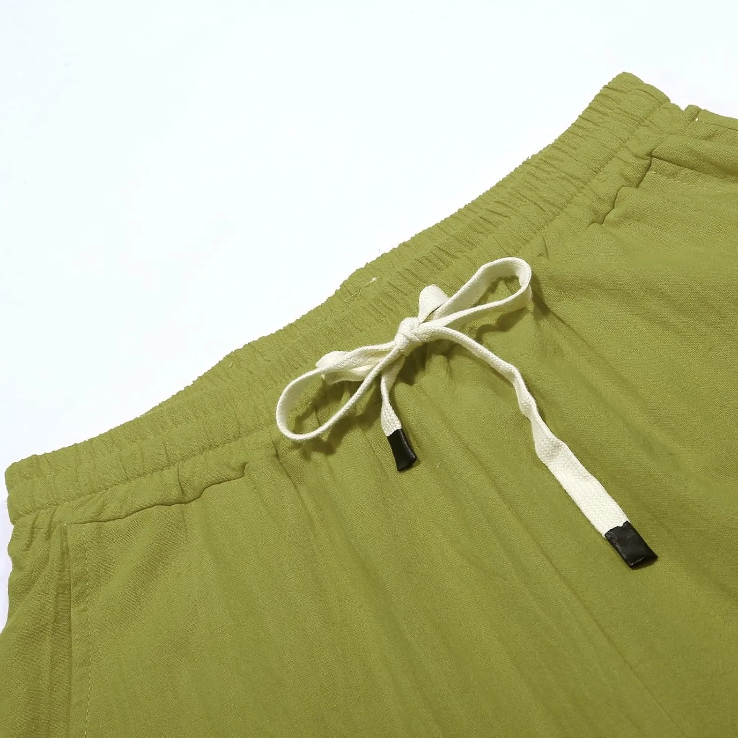 Womens Casual Linen Pants Side Button Summer Trendy Drawstring Elastic Waist Straight Leg Baggy Cropped Trousers