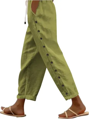 Womens Casual Linen Pants Side Button Summer Trendy Drawstring Elastic Waist Straight Leg Baggy Cropped Trousers