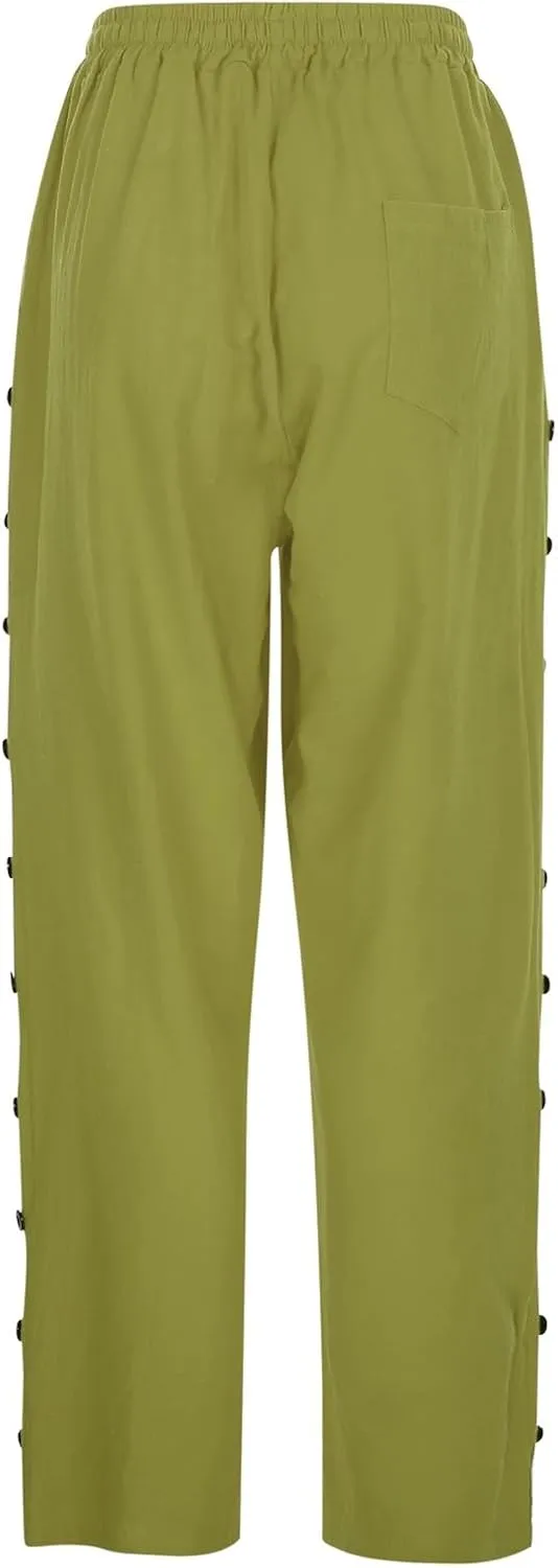 Womens Casual Linen Pants Side Button Summer Trendy Drawstring Elastic Waist Straight Leg Baggy Cropped Trousers