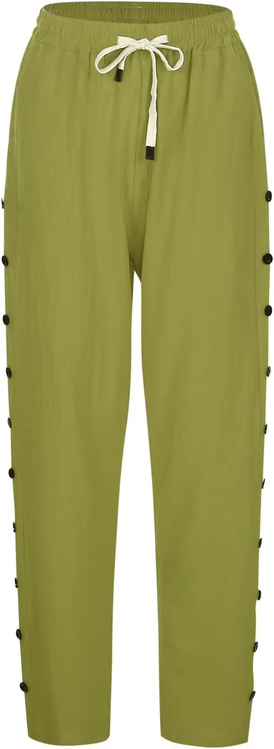 Womens Casual Linen Pants Side Button Summer Trendy Drawstring Elastic Waist Straight Leg Baggy Cropped Trousers