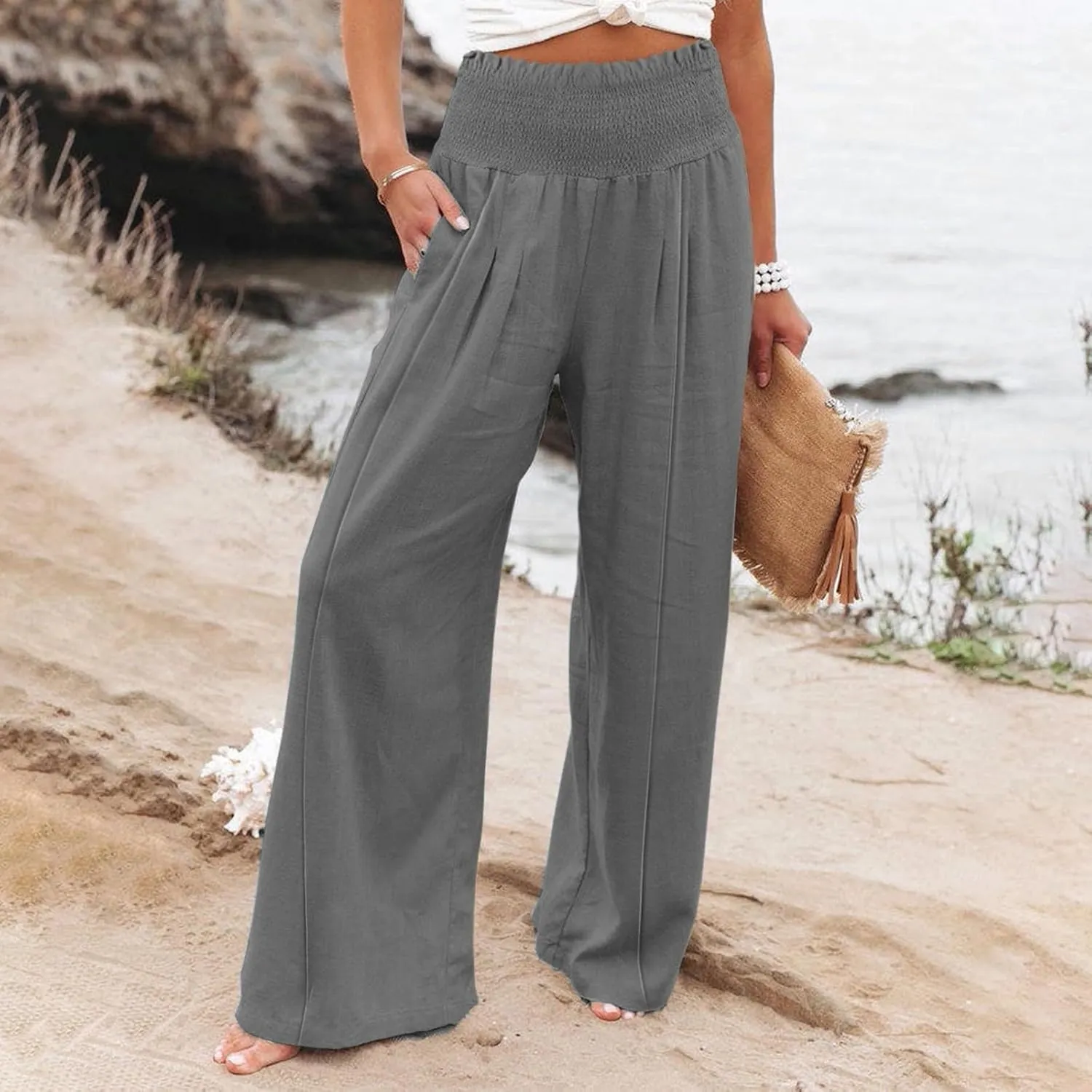 Women's Casual Pants Linen Womens Clothing Pants Wide Leg Long Pant Trousers with Pocket Linen Blend Pants Linen Outfit